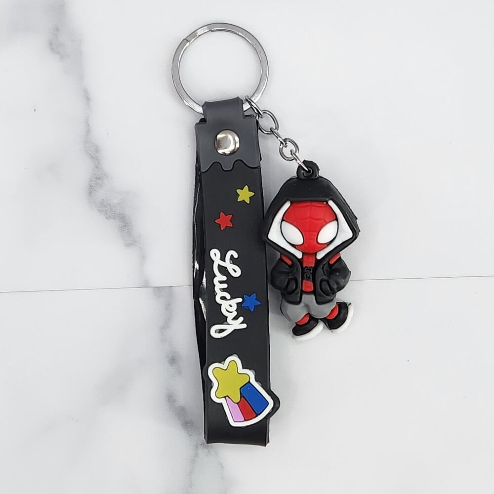 NEW Marvel Spider-Man Keychain PVC Figure Strap Key Ring Bag Charm Black Hoodie